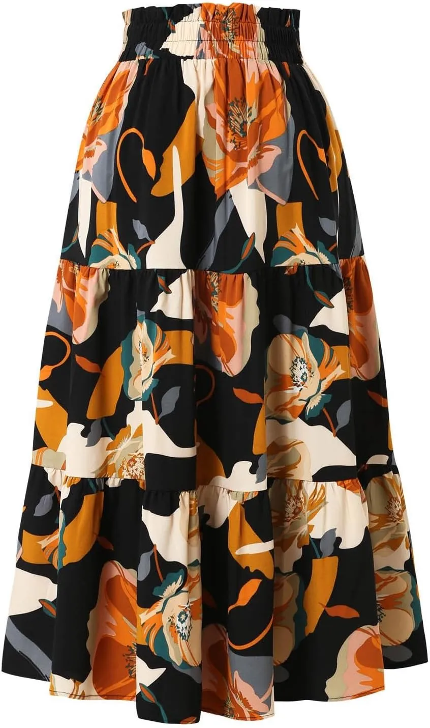 Floral Pleated Skirts for Women Drawstring High Waist Boho Maxi Skirts Summer Flowy Tiered Pleated Beach A Line Skirt
