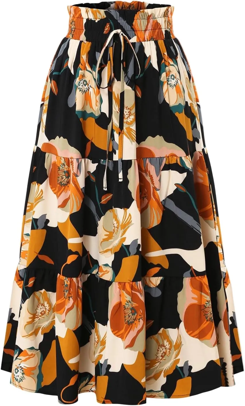 Floral Pleated Skirts for Women Drawstring High Waist Boho Maxi Skirts Summer Flowy Tiered Pleated Beach A Line Skirt