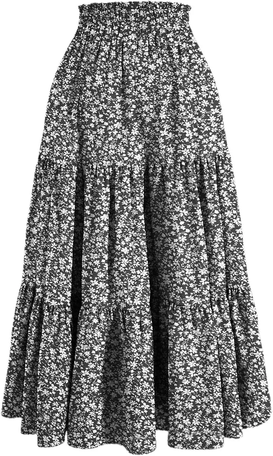 Flowy Floral Skirt for Women Summer Bohemian Tiered Ruffled Elastic High Waisted Lightweight Beach Maxi Skirts