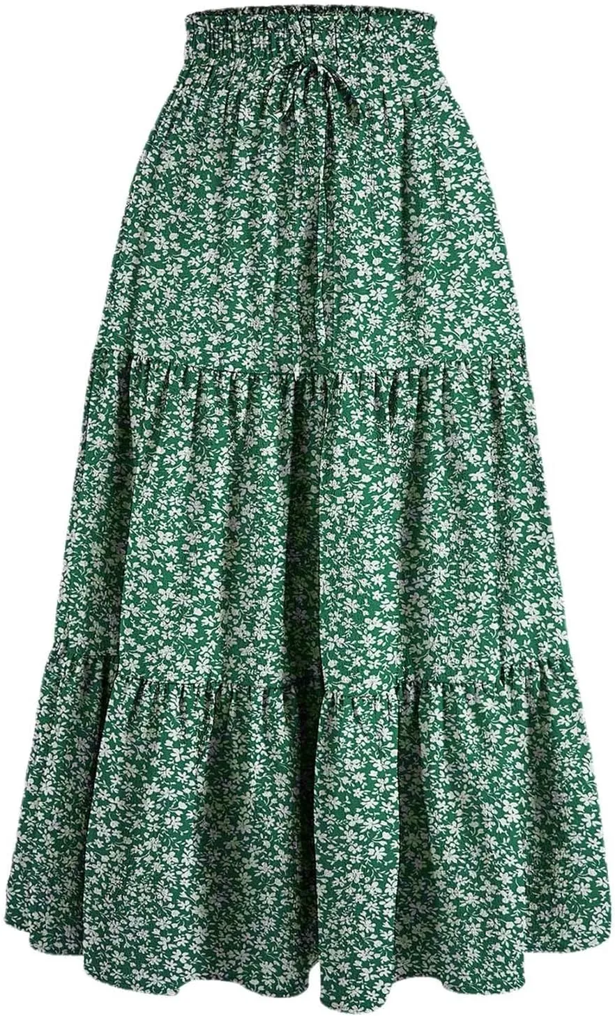 Flowy Floral Skirt for Women Summer Bohemian Tiered Ruffled Elastic High Waisted Lightweight Beach Maxi Skirts