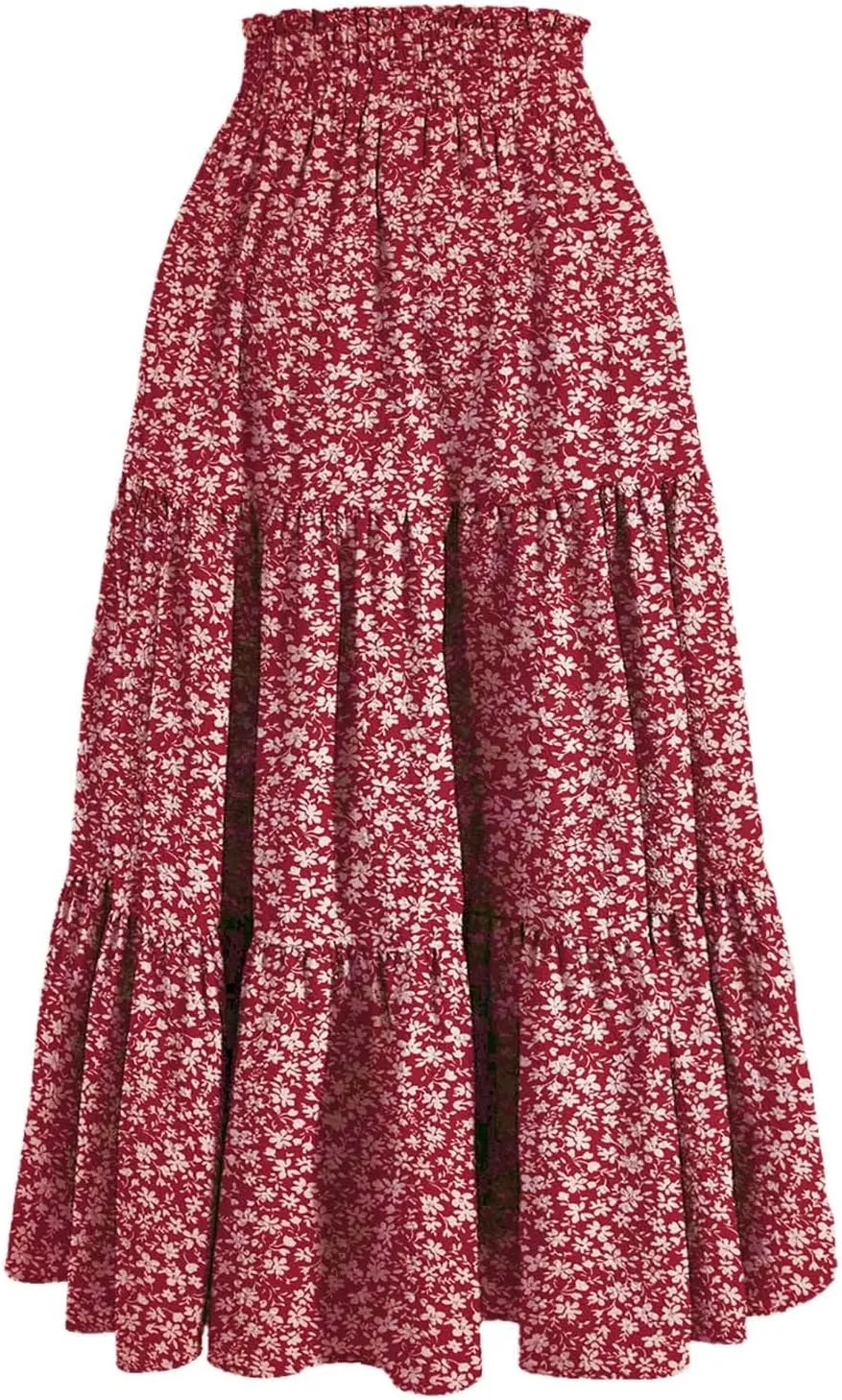 Flowy Floral Skirt for Women Summer Bohemian Tiered Ruffled Elastic High Waisted Lightweight Beach Maxi Skirts