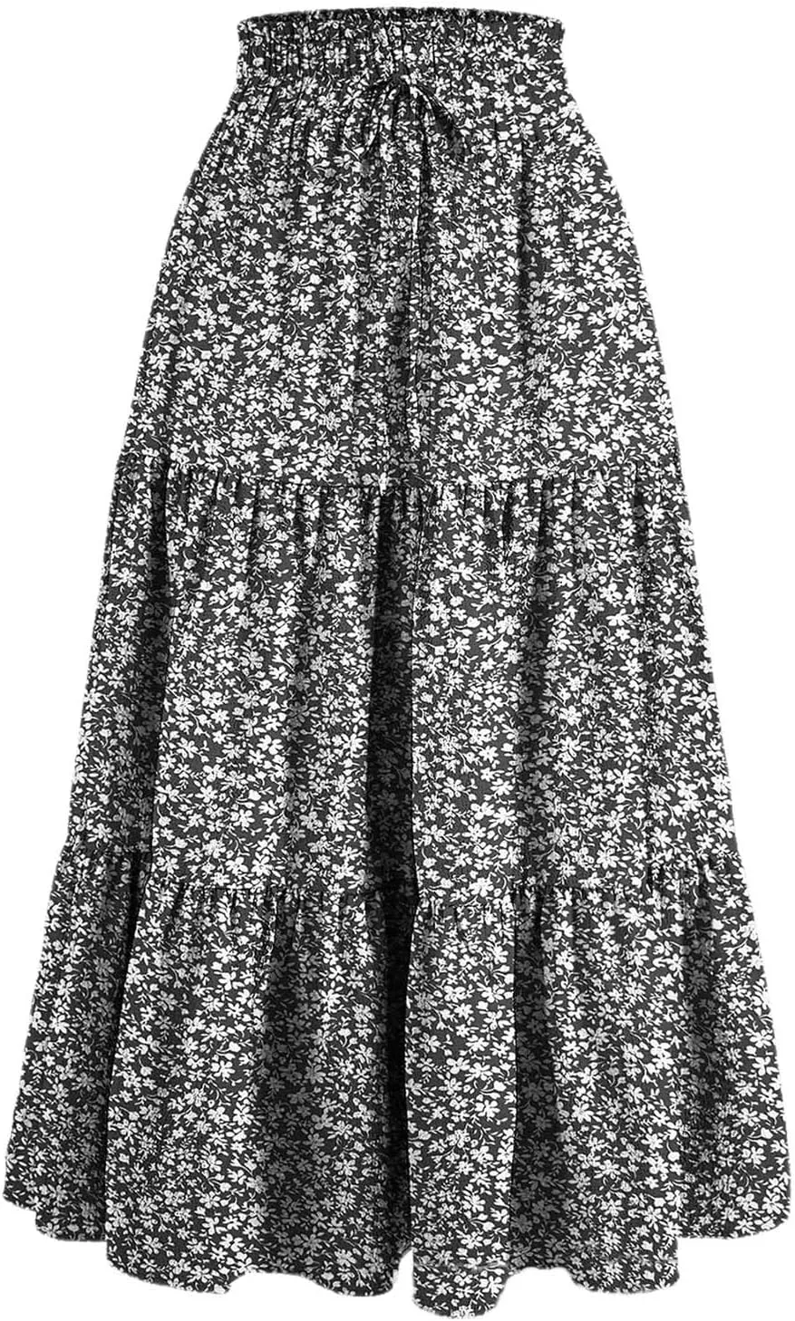 Flowy Floral Skirt for Women Summer Bohemian Tiered Ruffled Elastic High Waisted Lightweight Beach Maxi Skirts