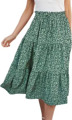 Flowy Floral Skirt for Women Summer Bohemian Tiered Ruffled Elastic High Waisted Lightweight Beach Maxi Skirts