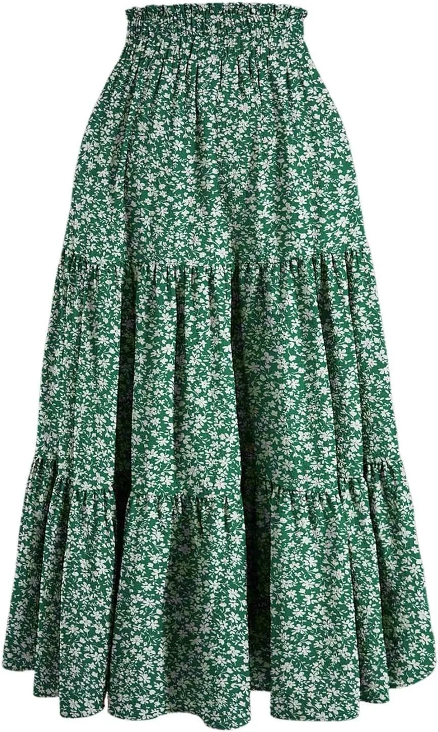 Flowy Floral Skirt for Women Summer Bohemian Tiered Ruffled Elastic High Waisted Lightweight Beach Maxi Skirts