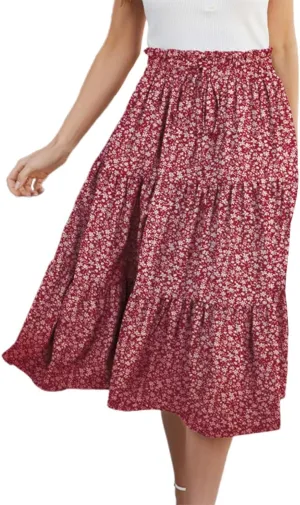 Flowy Floral Skirt for Women Summer Bohemian Tiered Ruffled Elastic High Waisted Lightweight Beach Maxi Skirts