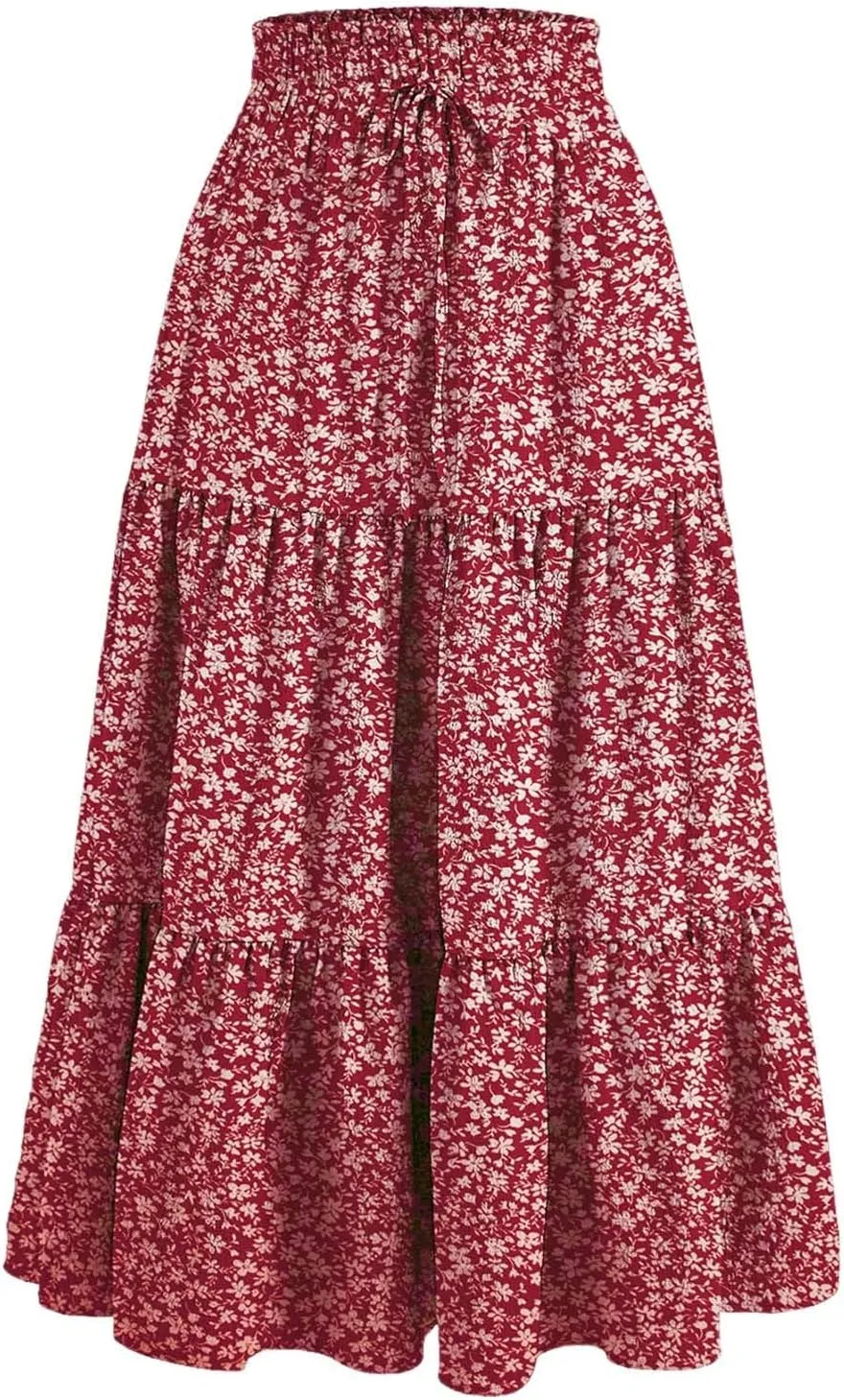 Flowy Floral Skirt for Women Summer Bohemian Tiered Ruffled Elastic High Waisted Lightweight Beach Maxi Skirts