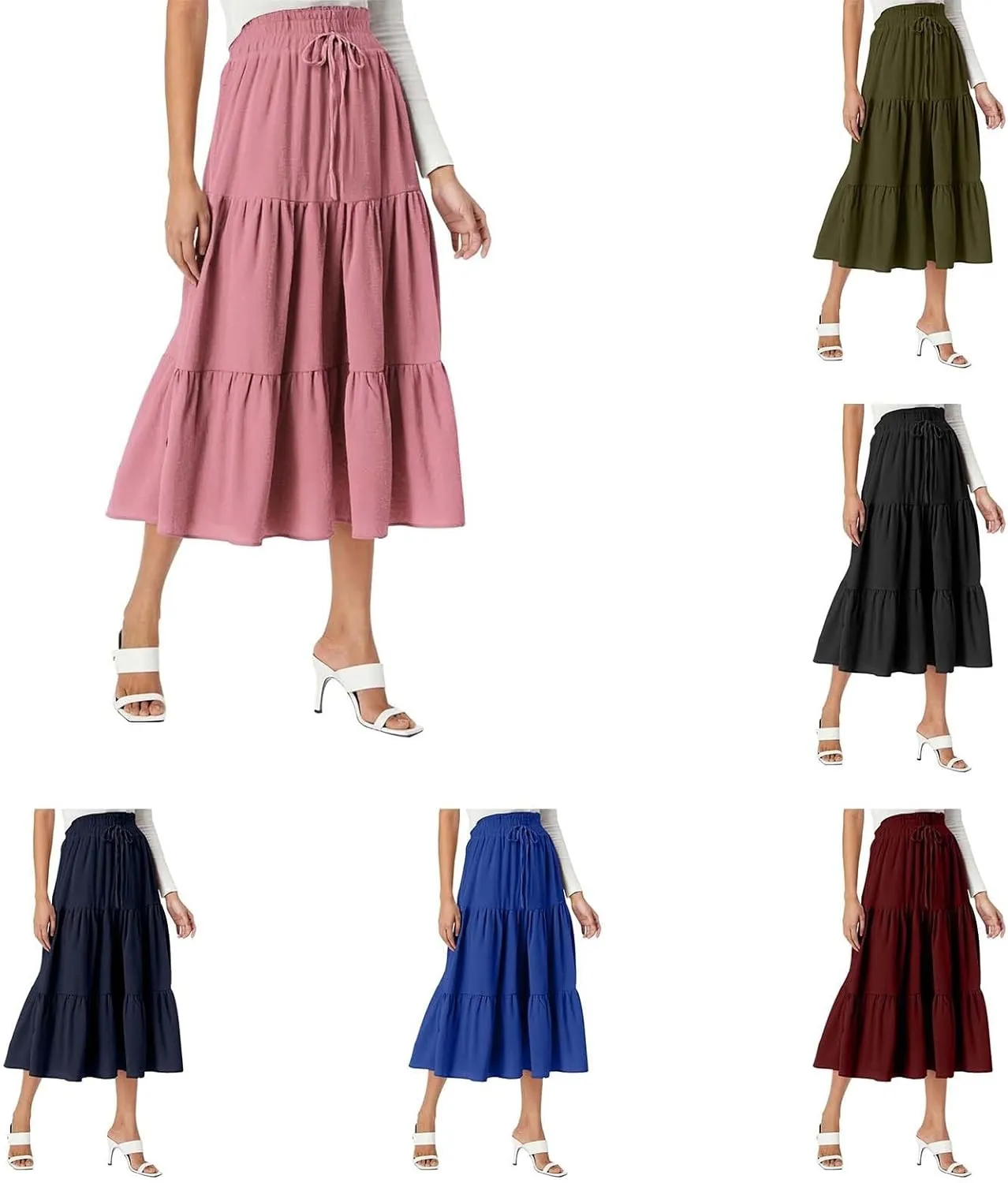 Flowy Floral Skirt for Women Summer Bohemian Tiered Ruffled Elastic High Waisted Lightweight Beach Maxi Skirts
