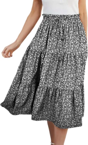 Flowy Floral Skirt for Women Summer Bohemian Tiered Ruffled Elastic High Waisted Lightweight Beach Maxi Skirts
