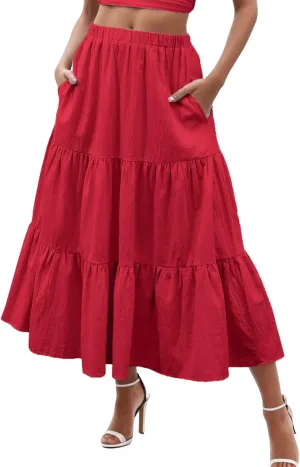 Flowy Maxi Skirt for Women Elastic High Waist Pleated Long A-Line Skirts Boho Tiered 2025 Summer Vacation Skirt