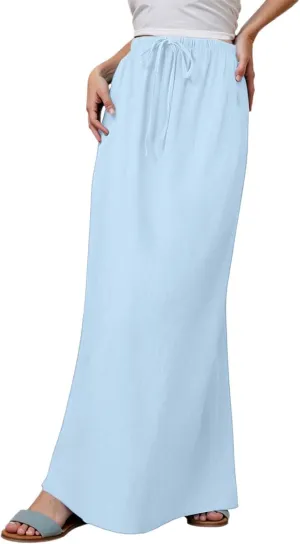 Flowy Skirt for Women Solid Color Loose Casual High Waist Drawstring Elastic Straight Pencil Skirts for Summer