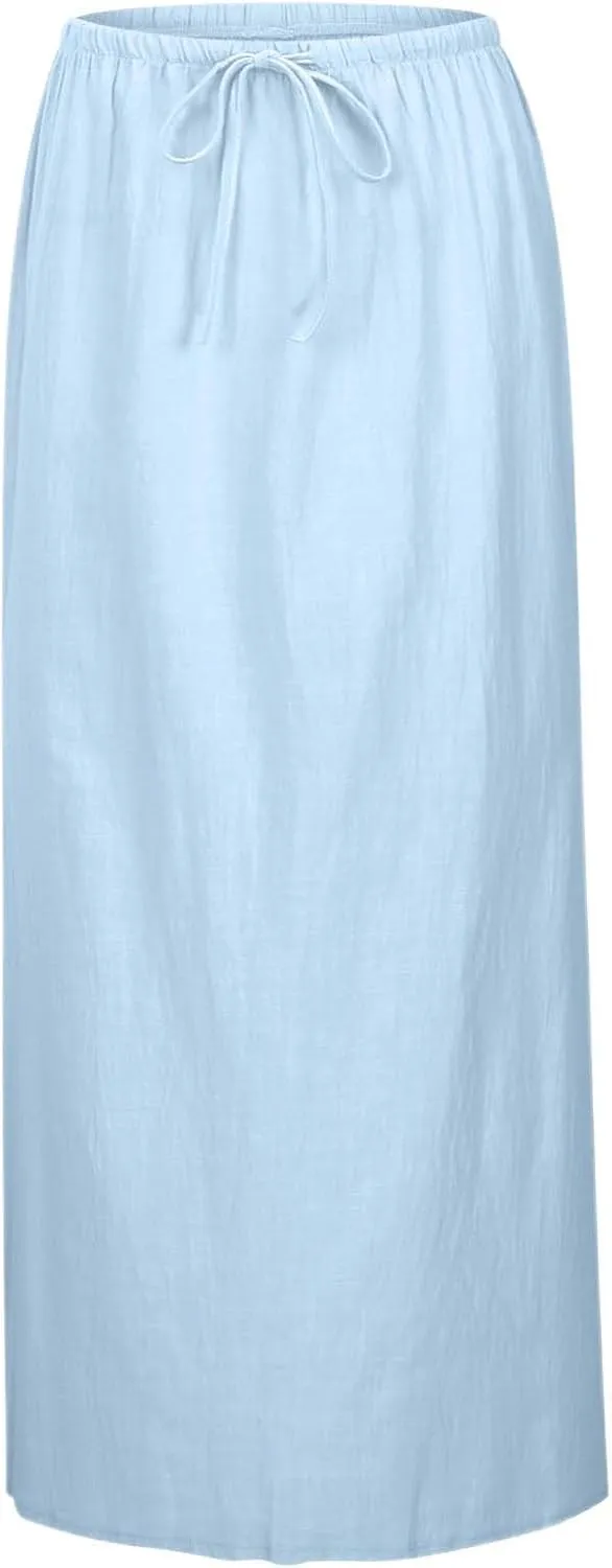 Flowy Skirt for Women Solid Color Loose Casual High Waist Drawstring Elastic Straight Pencil Skirts for Summer