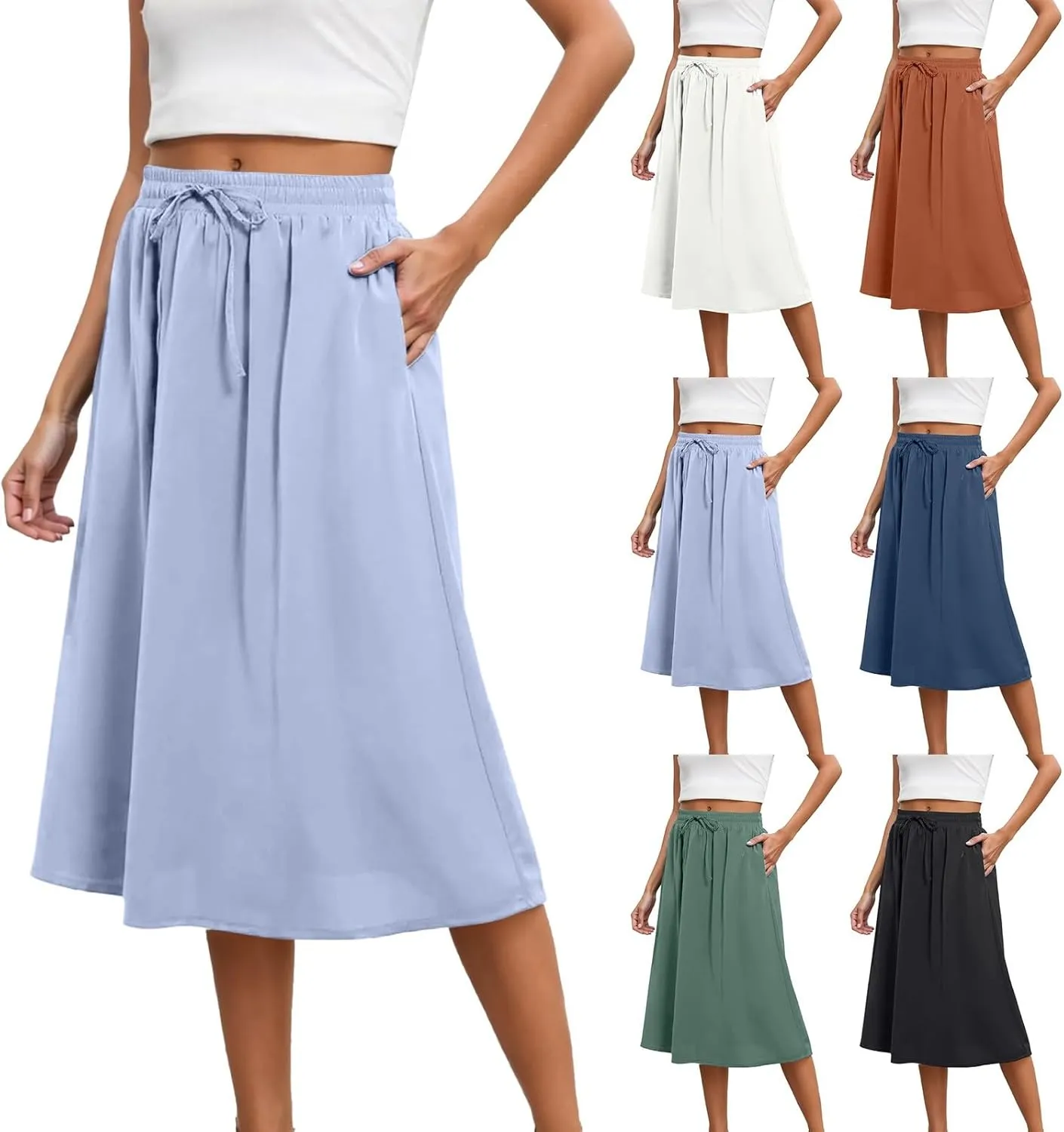 Flowy Skirts for Women Midi Length Tie Knot Boho Casual Beach High Waisted Pleated Swing Long Skirt with Pockets