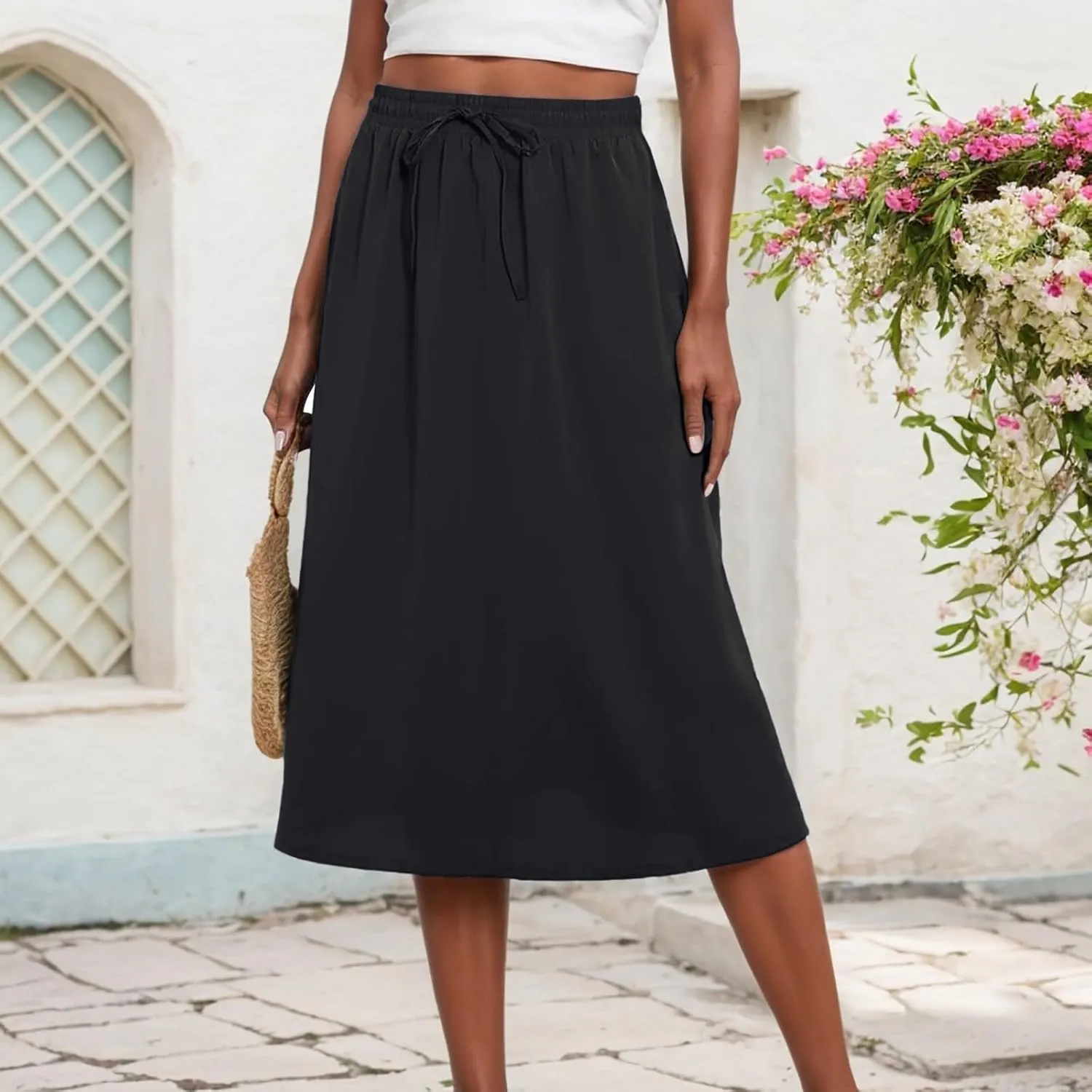 Flowy Skirts for Women Midi Length Tie Knot Boho Casual Beach High Waisted Pleated Swing Long Skirt with Pockets