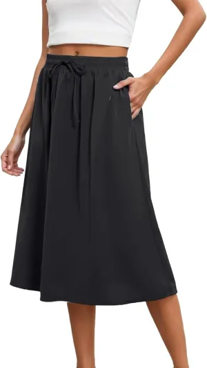 Flowy Skirts for Women Midi Length Tie Knot Boho Casual Beach High Waisted Pleated Swing Long Skirt with Pockets