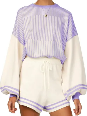 Flygo Womens Knit Striped 2 Piece Outfits Crewneck Pullover Sweater Shorts Set Wide Leg Matching Set Loungewear