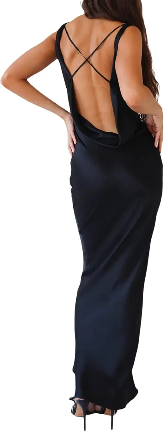 FULA-bao Women Sleeveless Slip Bodycon Maxi Dress Spaghetti Strap Satin Elegant Evening Party Long Dresses Sexy Y2K Clubwear