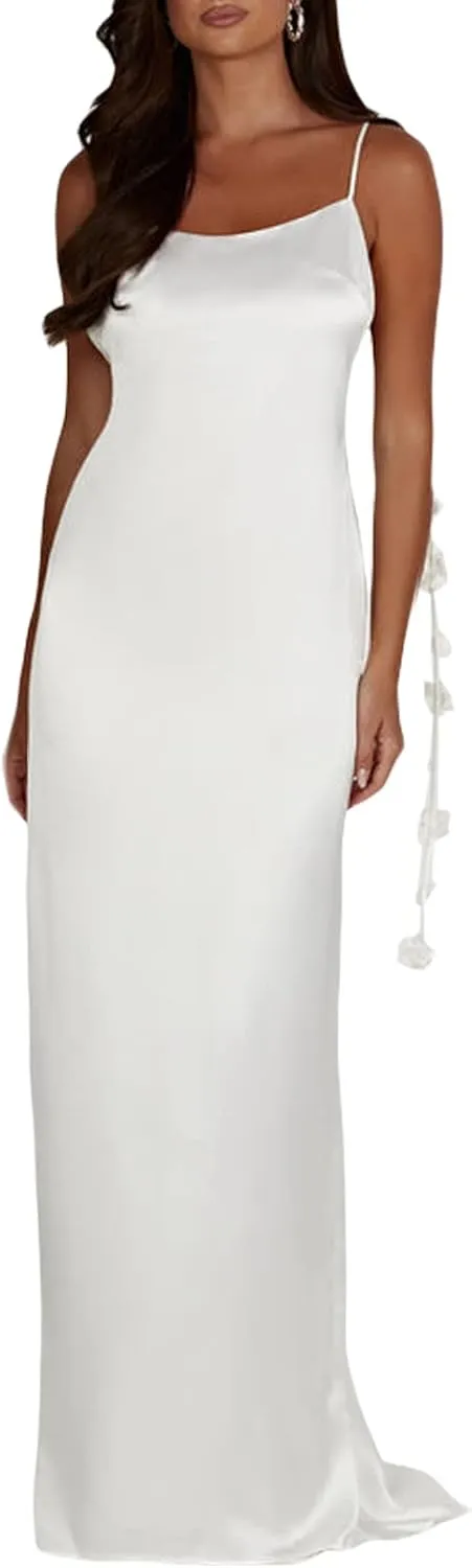 FULA-bao Women Sleeveless Slip Bodycon Maxi Dress Spaghetti Strap Satin Elegant Evening Party Long Dresses Sexy Y2K Clubwear
