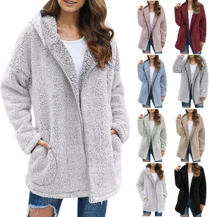 Fuzzy Fleece Jacket Women Full Zip Up Hooded Winter Coats Sherpa Lined Fluffy Hoodie Oversized Faux Fur Outerwear