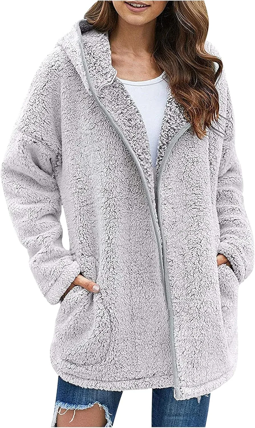 Fuzzy Fleece Jacket Women Full Zip Up Hooded Winter Coats Sherpa Lined Fluffy Hoodie Oversized Faux Fur Outerwear