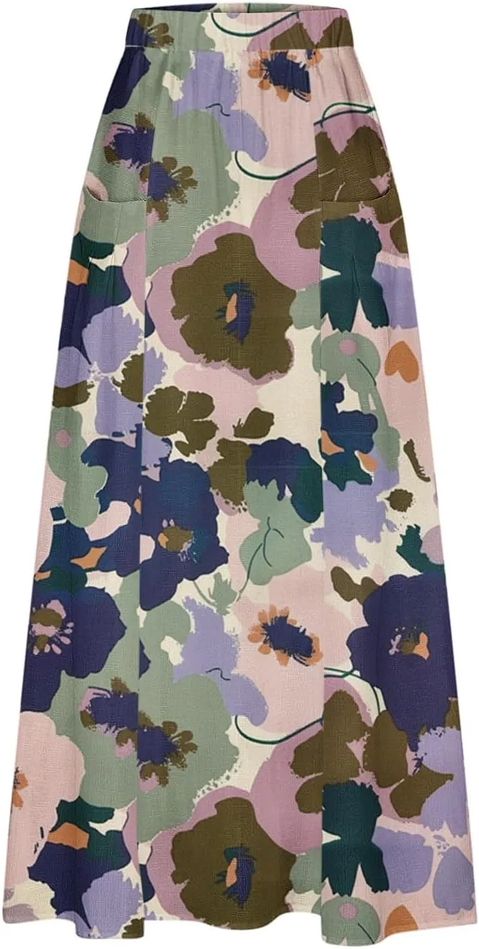 FZYLQY 2025 Summer Maxi Skirt for Women Casual Elegant Boho Elastic High Waist Pleated A-Line Skirts Flowy Swing Beach Skirt
