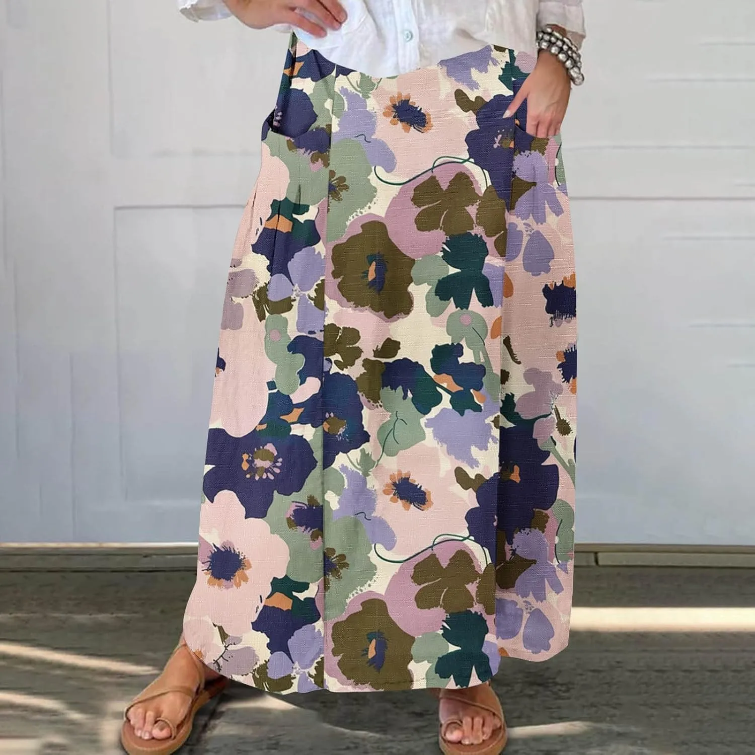 FZYLQY 2025 Summer Maxi Skirt for Women Casual Elegant Boho Elastic High Waist Pleated A-Line Skirts Flowy Swing Beach Skirt