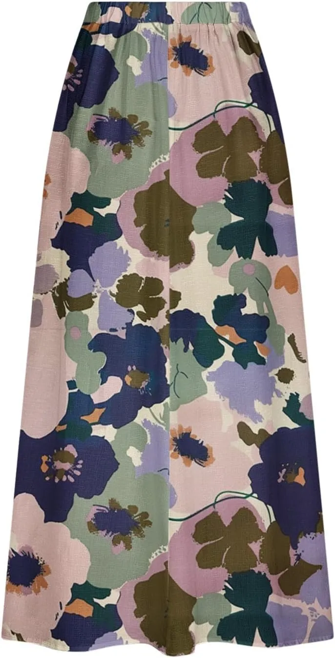 FZYLQY 2025 Summer Maxi Skirt for Women Casual Elegant Boho Elastic High Waist Pleated A-Line Skirts Flowy Swing Beach Skirt