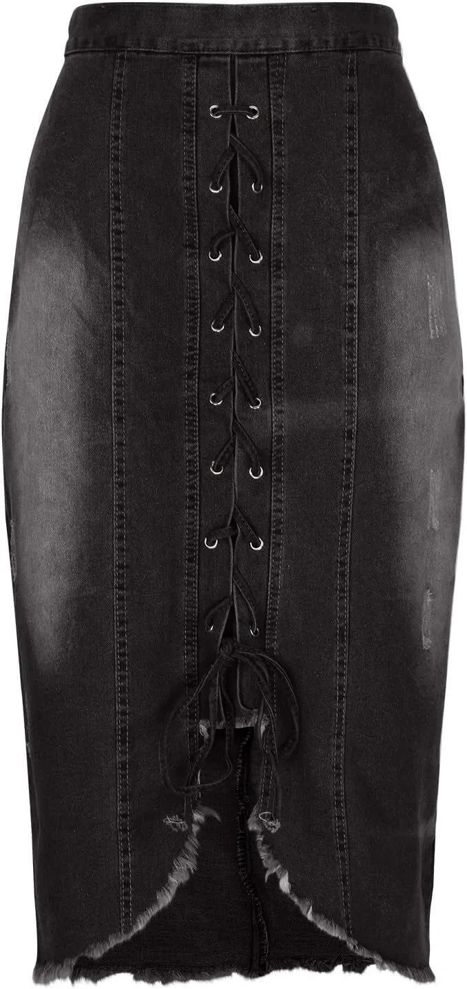FZYLQY Trendy Slit Skirt Denim Skirts Women's Laceup Slit Front Bodycon Jean Skirts Stretchy Slim Fit Jean Long Pencil Skirt