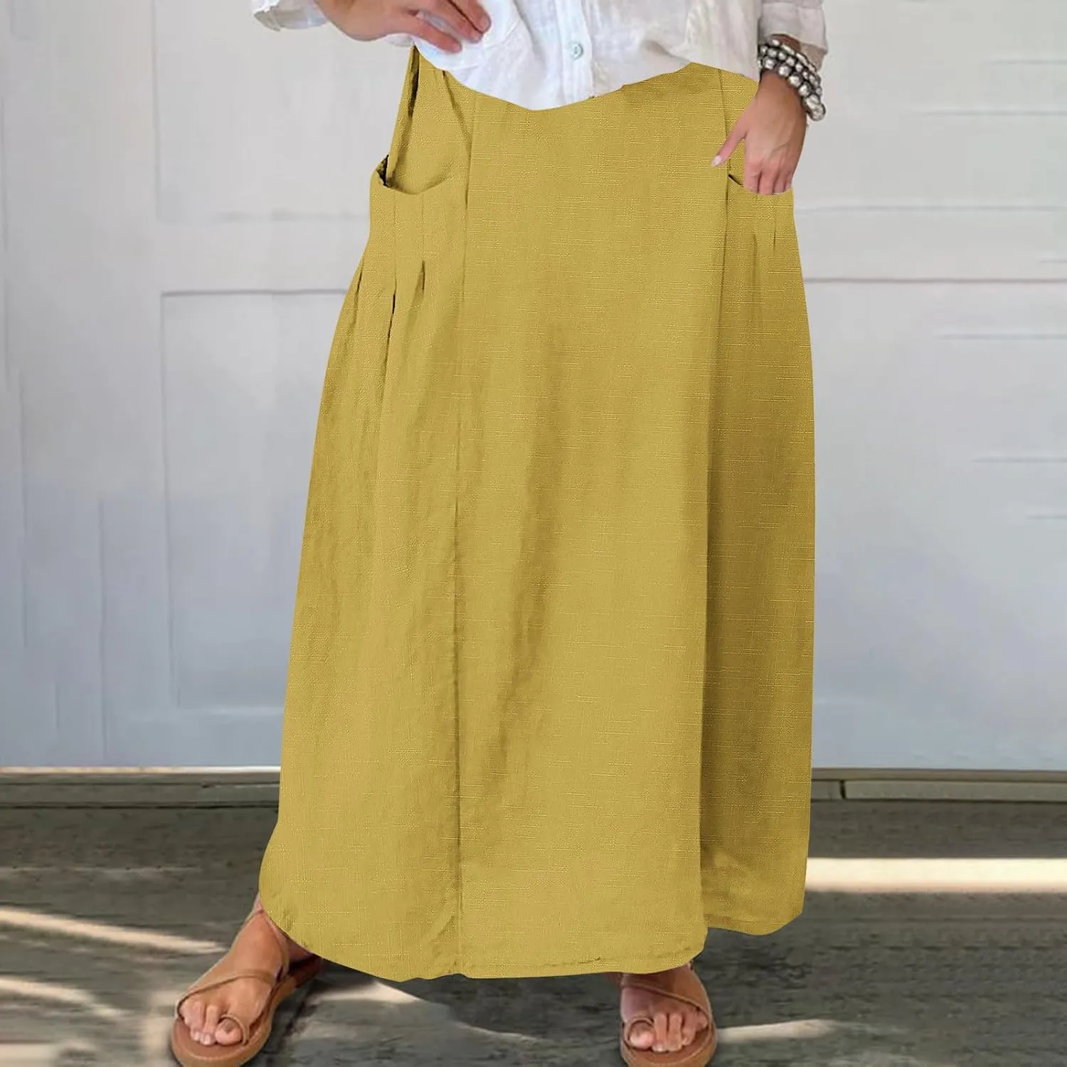 FZYLQY Womens High Waist Maxi Skirts Casual Loose Fit Flowy Swing Pleated A Line Long Skirts Solid Color Skirts with Pocket