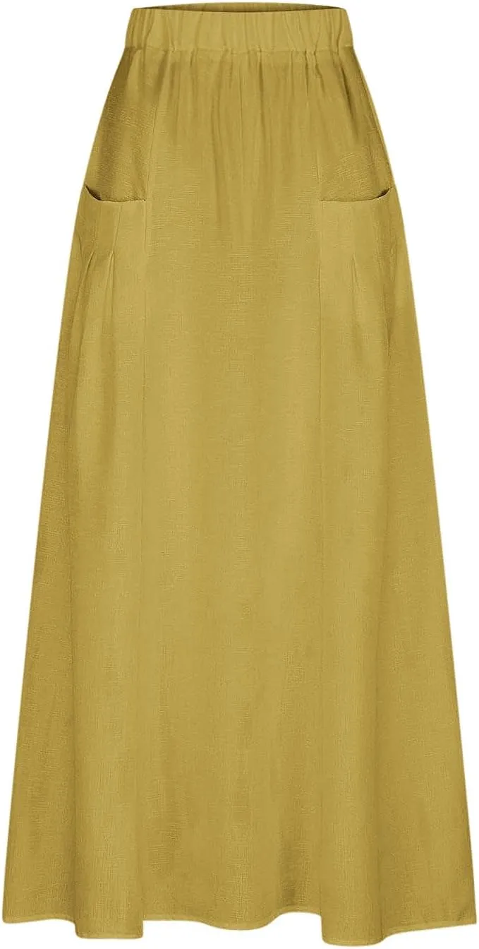 FZYLQY Womens High Waist Maxi Skirts Casual Loose Fit Flowy Swing Pleated A Line Long Skirts Solid Color Skirts with Pocket