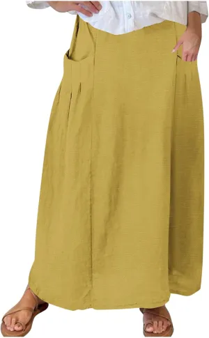 FZYLQY Womens High Waist Maxi Skirts Casual Loose Fit Flowy Swing Pleated A Line Long Skirts Solid Color Skirts with Pocket
