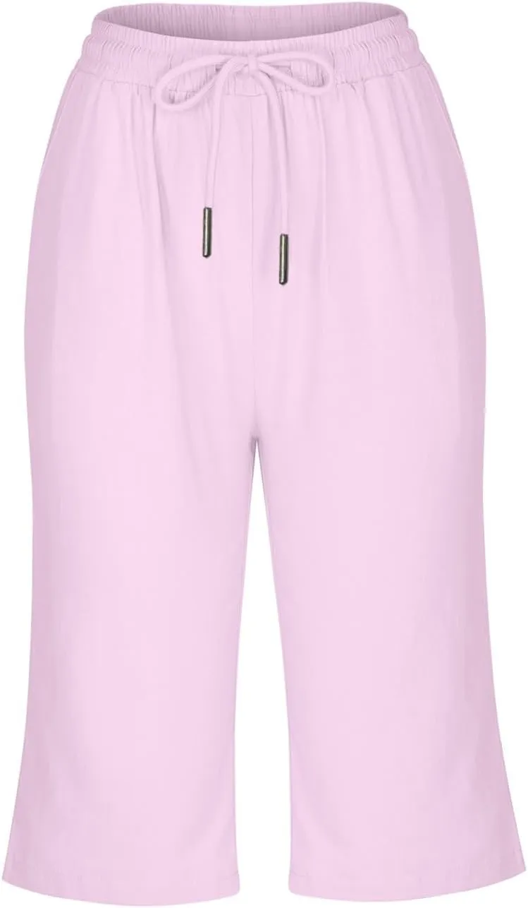 Gcvizuso Linen Shorts for Women Summer Casual Solid Pants High Waisted Drawstring Short 2024 Beach Bermuda Capris Pants