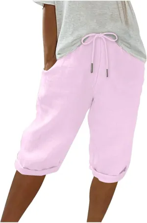 Gcvizuso Linen Shorts for Women Summer Casual Solid Pants High Waisted Drawstring Short 2024 Beach Bermuda Capris Pants