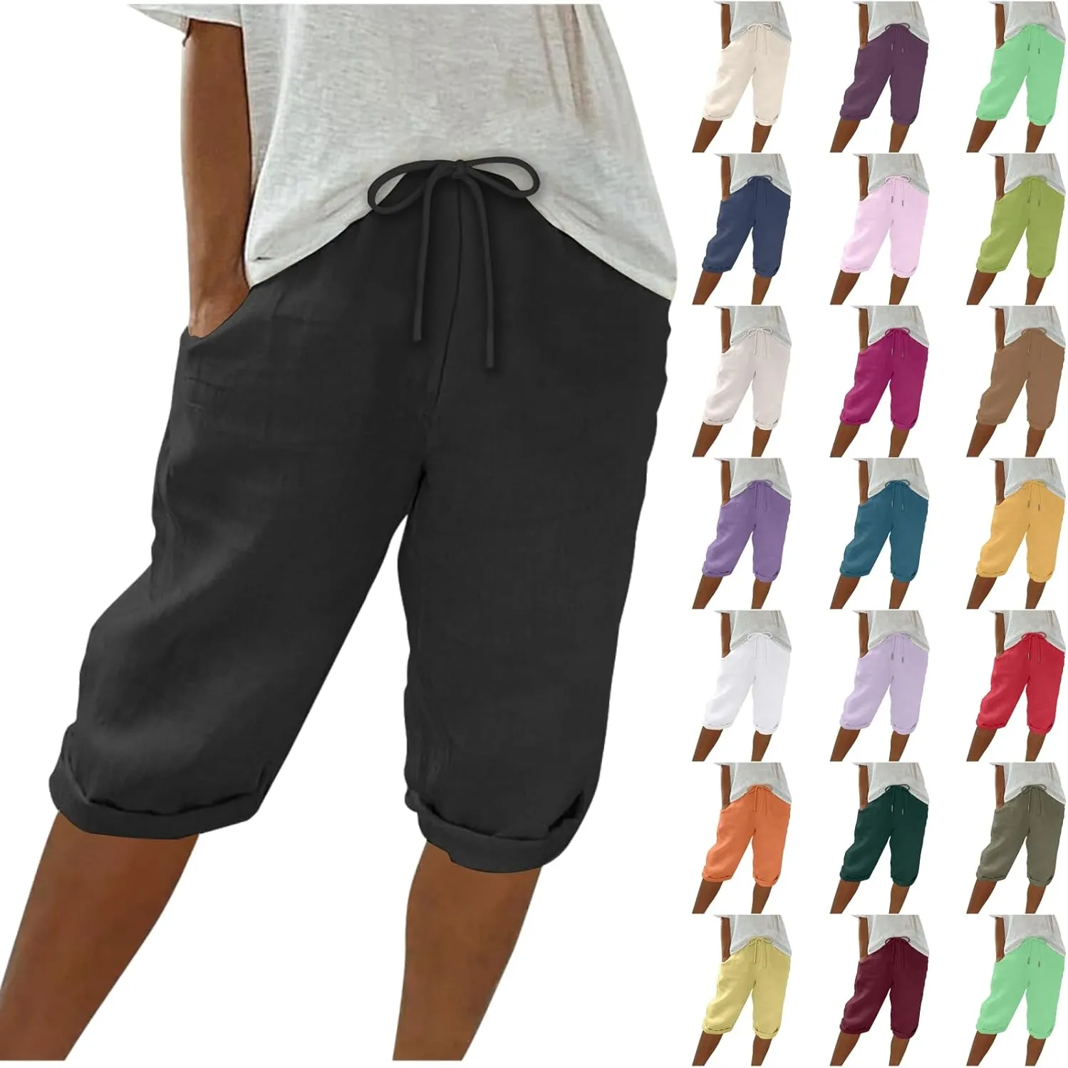Gcvizuso Linen Shorts for Women Summer Casual Solid Pants High Waisted Drawstring Short 2024 Beach Bermuda Capris Pants