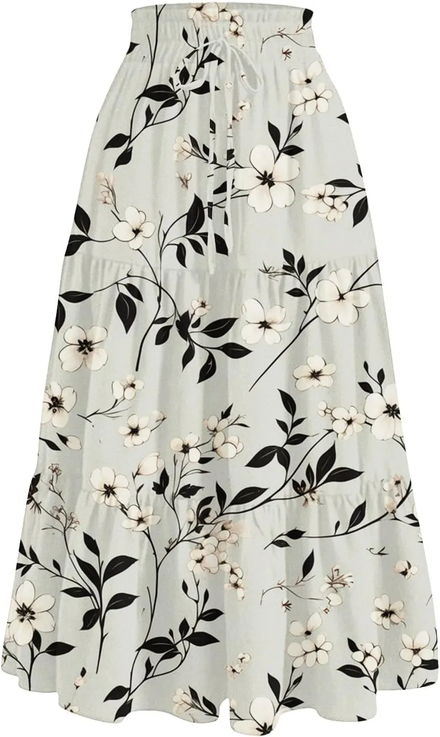 Gingham Skirt for Women High Waist A-Line Maxi Skirt Flowy Long Skirt Summer