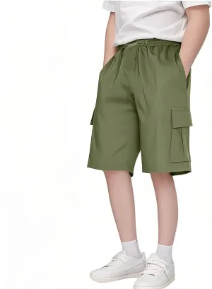 Girls Cargo Shorts Loose Casual Solid Drawstring Long Bermuda Shorts Knee Length Wide Leg Short Pants with Pockets