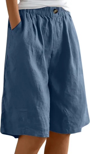GOFULY Bermuda Shorts for Women Knee Length High Rise Cotton Linen Shorts Elastic Waist Button Half Pants with Pockets