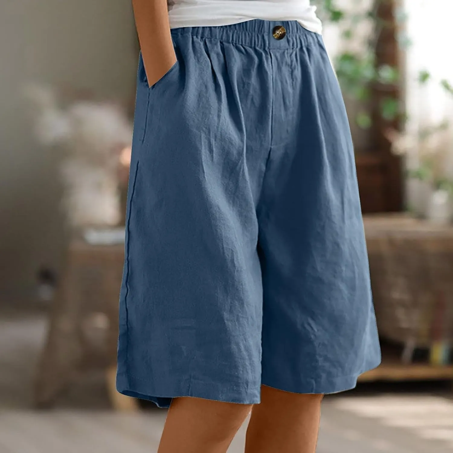 GOFULY Bermuda Shorts for Women Knee Length High Rise Cotton Linen Shorts Elastic Waist Button Half Pants with Pockets
