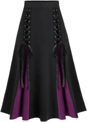 Goth Skirts for Womens Trendy Pleated Steampunk High Waist Patchwork Midi Gothic Skirt Halloween Costumes