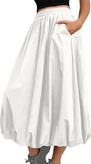 HGps8w Women's Maxi Skirt, Trendy Casual 2025 Summer Swing A-Line Elastic High Waisted Long Skirts Dress with Pockets