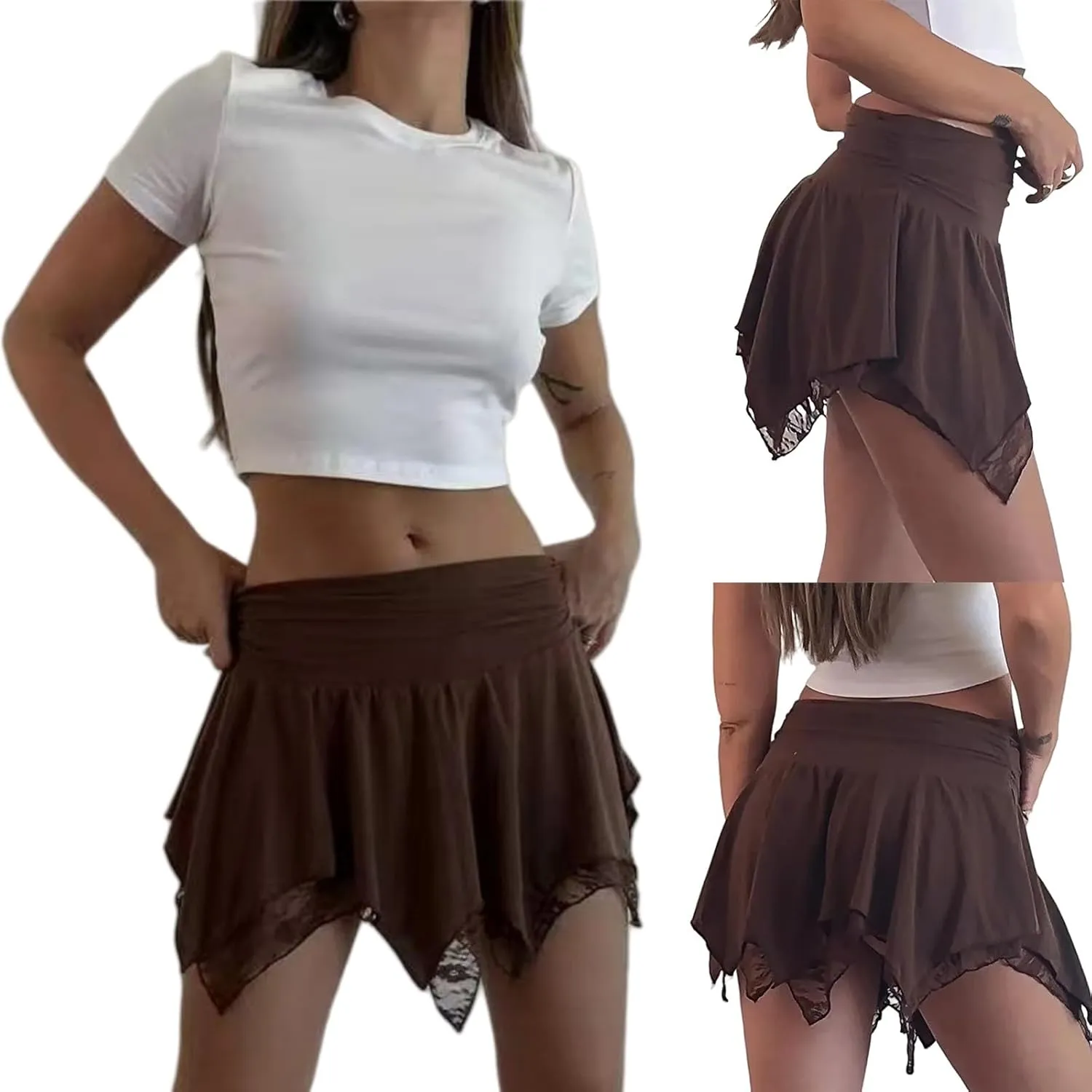 HGps8w Women's Y2k Lace Mini Skirt Fairy Mesh Floral Low Rise Pleated Half Slip Skirt Layered Flowy Short Skirt Streetwear