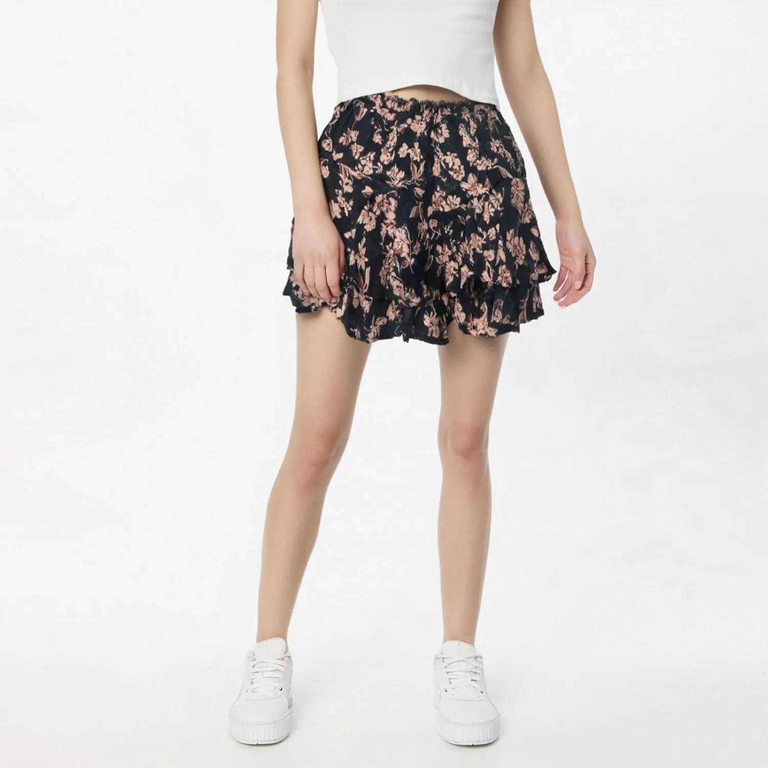 High Waisted Skirts for Women Summer Trendy Boha Floral Print Casual Ruffle Hem A-Line Pleated Short Skirts Flowy
