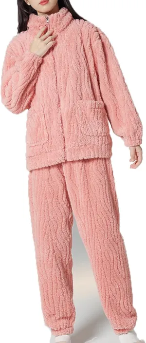 hlysgo Fuzzy Lounge Set for Women Casual Pajama Set Long Sleeve Full Zip Pocket Jackets and Pants Warm Fleece Loungewear