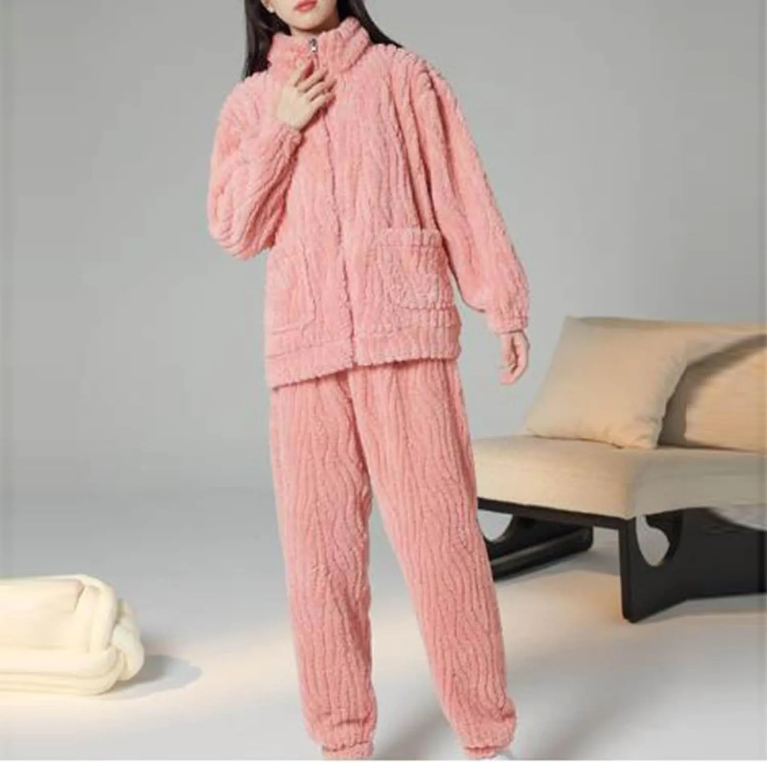 hlysgo Fuzzy Lounge Set for Women Casual Pajama Set Long Sleeve Full Zip Pocket Jackets and Pants Warm Fleece Loungewear