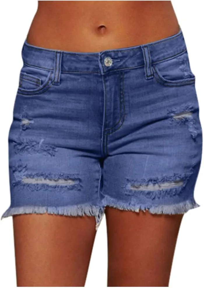 hlysgo Jeans Shorts for Women Mid Rise Ripped Jean Shorts Stretchy Frayed Raw Hem Casual Denim Shorts 2024 Summer Shorts