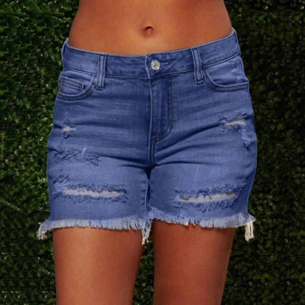 hlysgo Jeans Shorts for Women Mid Rise Ripped Jean Shorts Stretchy Frayed Raw Hem Casual Denim Shorts 2024 Summer Shorts