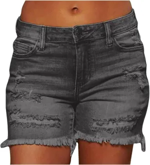 hlysgo Jeans Shorts for Women Mid Rise Ripped Jean Shorts Stretchy Frayed Raw Hem Casual Denim Shorts 2024 Summer Shorts
