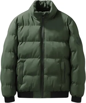 hlysgo Men's Winter Puffer Jacket Long Sleeve Stand Collar Bubble Coat Full Zip Warm Padded Jackets Outerwear Cold Weather