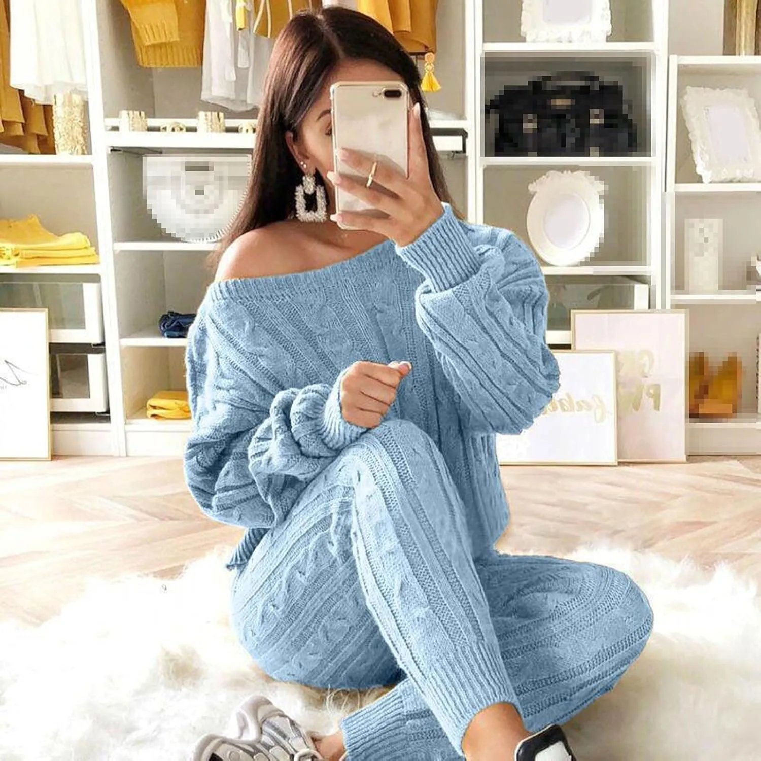 hlysgo Women Cable Knitted 2 Pieces Outfits Chunky Long Sleeve Sweater Pullover Top and Pants Winter Plus Size Lounge Sets