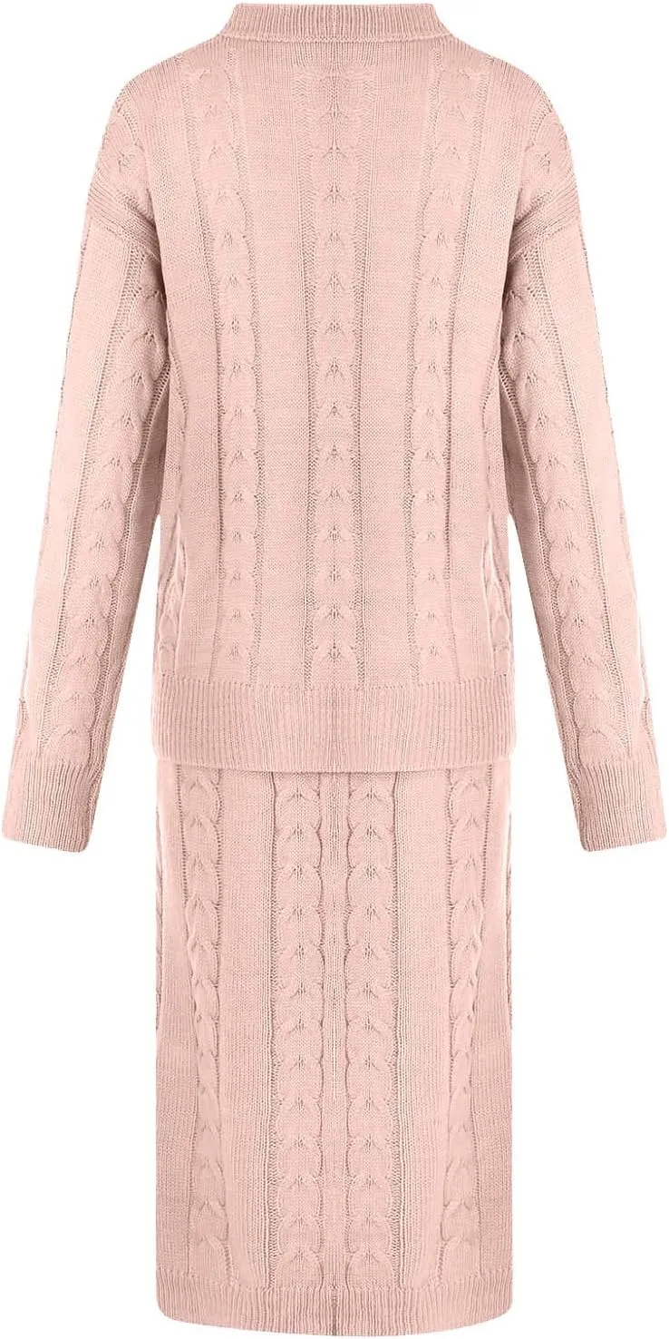 hlysgo Womens Sweater Sets Chunky Cable Knit 2 Piece Outfits Long Sleeve Sweater Bodycon Maxi Skirt Lounge Matching Set