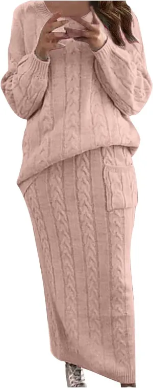 hlysgo Womens Sweater Sets Chunky Cable Knit 2 Piece Outfits Long Sleeve Sweater Bodycon Maxi Skirt Lounge Matching Set